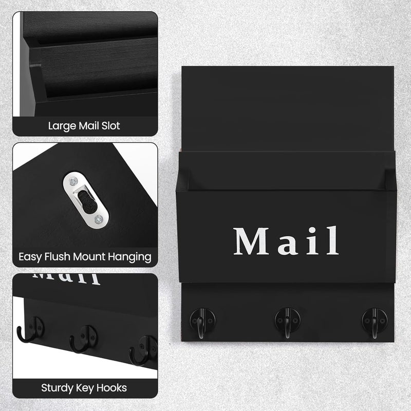 Lucundm Mail and Key Holder - Decorative 9.8" x 12.5" Wall Key Hanger with 2 Mail Organizer Slots and 3 Hooks - Real Paulownia Wood with Keyhole Brackets, Hardware and Instructions (Black) - Image 3